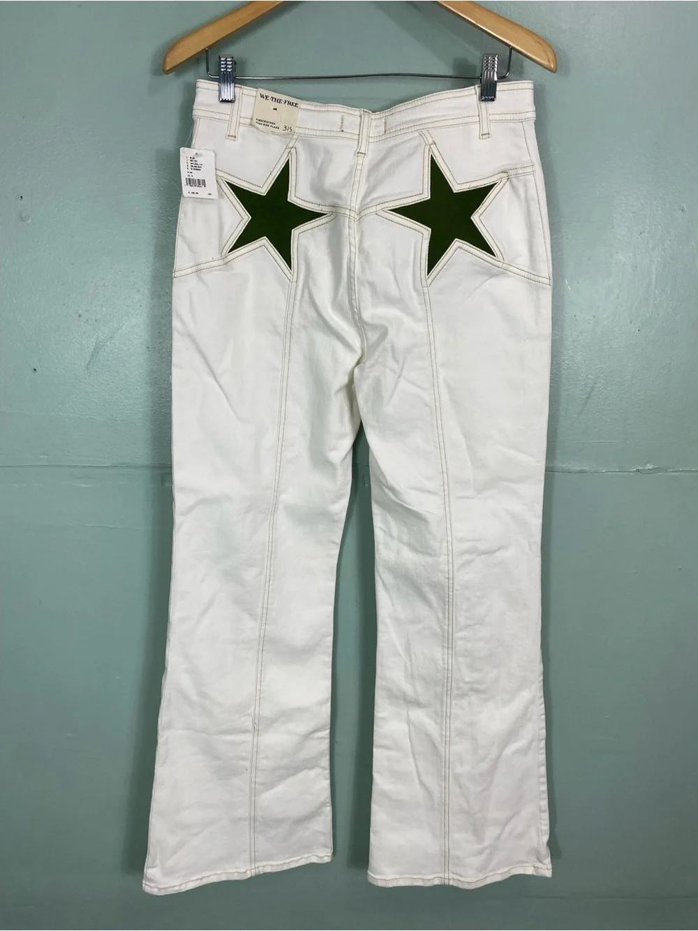 Free People Firecracker Jeans Star Green Ivory Flare 31 Short Petite